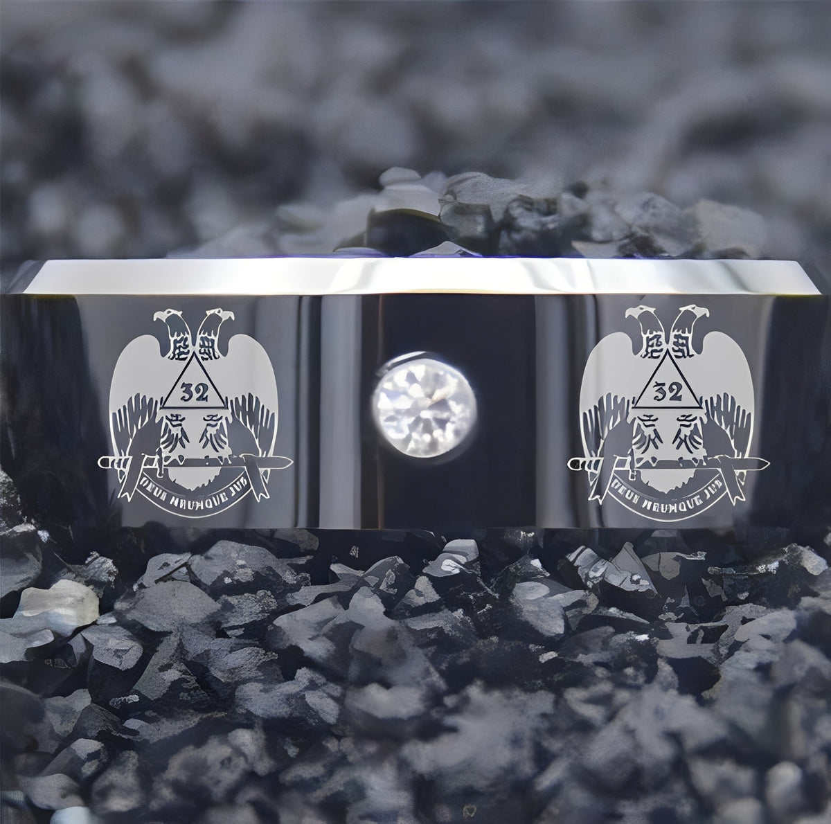 32nd Degree Scottish Rite Ring - Wings Down Black Silver Bevel With CZ Stone - Bricks Masons