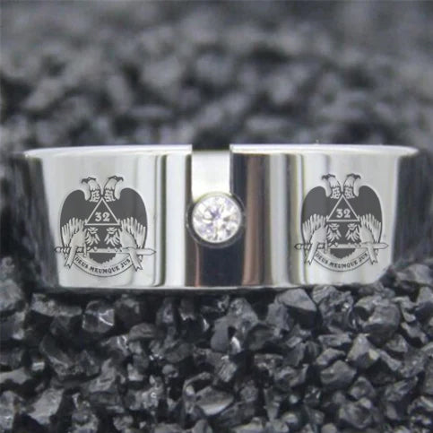 32nd Degree Scottish Rite Ring - Wings Down Silver Pipe With CZ Stone - Bricks Masons