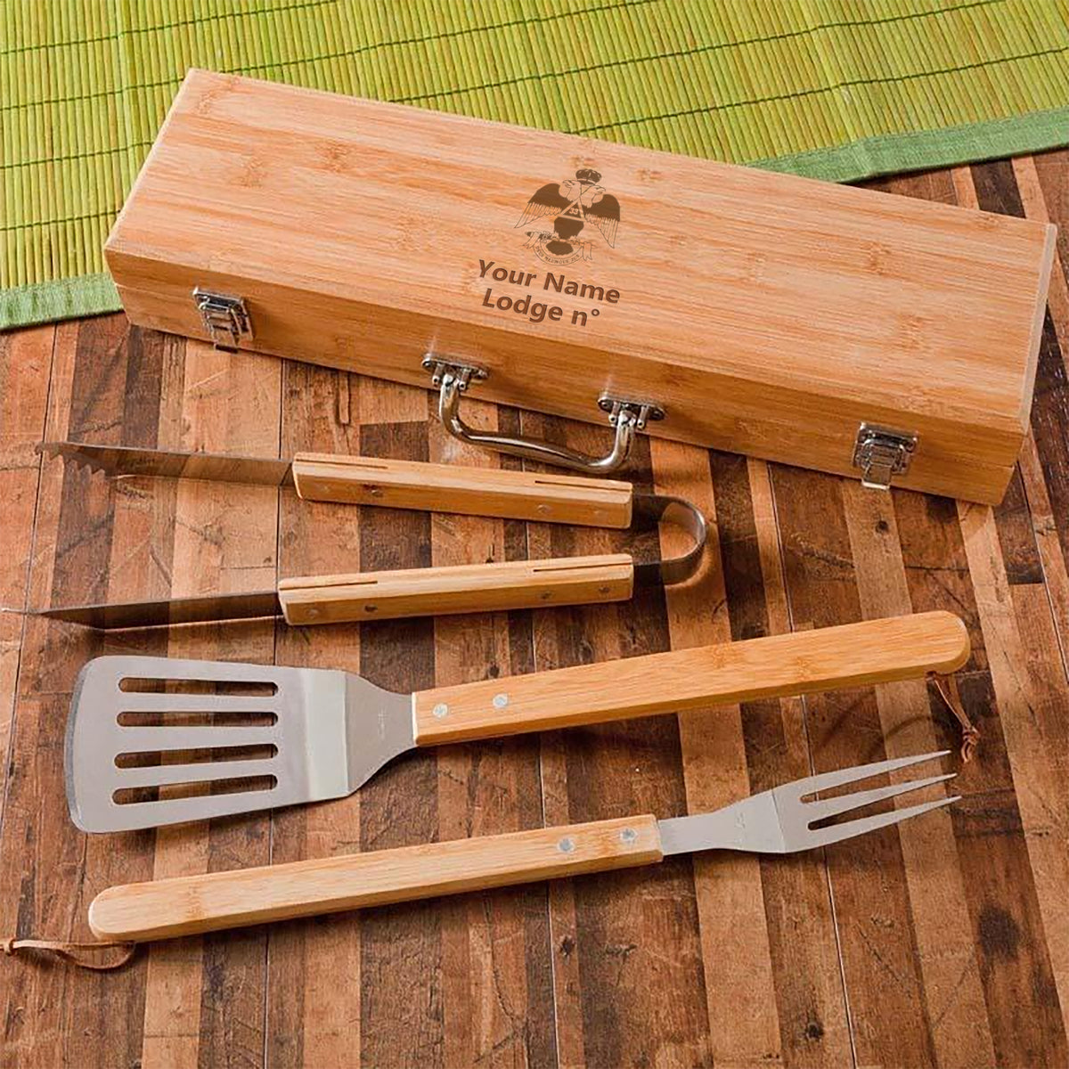33rd Degree Scottish Rite Grill Tool - Wings Down BBQ Set & Bamboo Case - Bricks Masons