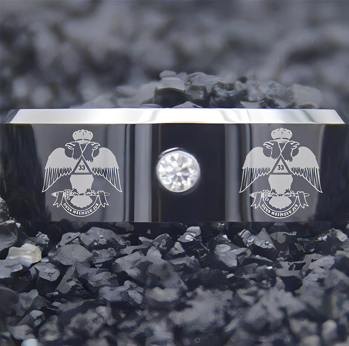 33rd Degree Scottish Rite Ring - Wings Down Black Silver Bevel With CZ Stone - Bricks Masons