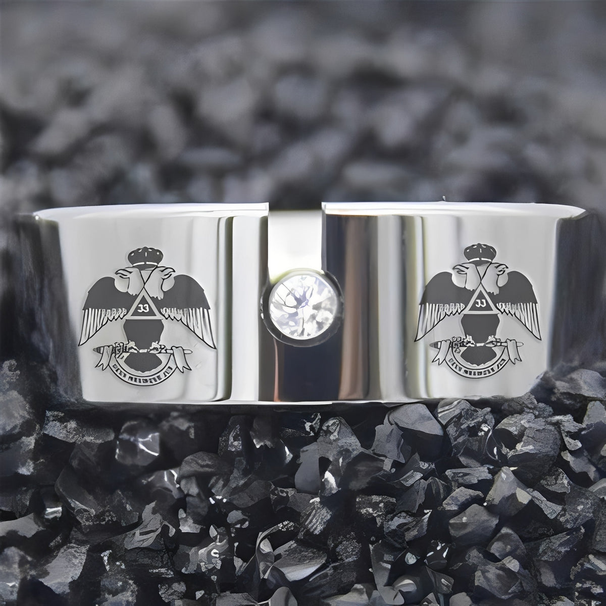 33rd Degree Scottish Rite Ring - Wings Down Silver Pipe With CZ Stone - Bricks Masons