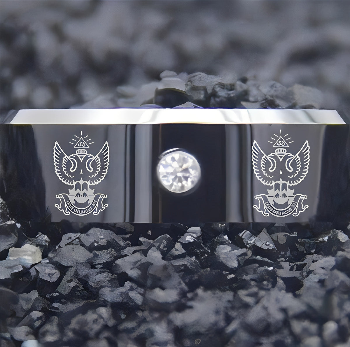33rd Degree Scottish Rite Ring - Wings Up Black Silver Bevel With CZ Stone - Bricks Masons