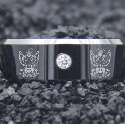 33rd Degree Scottish Rite Ring - Wings Up Black Silver Bevel With CZ Stone - Bricks Masons