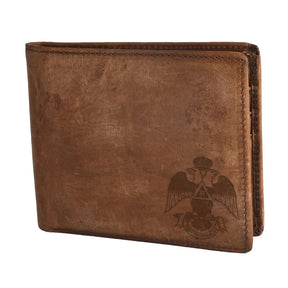 Handmade Leather 33rd Degree Scottish Rite Wallet - Wings Down Light & Dark Brown - Bricks Masons