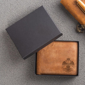 Handmade Leather 33rd Degree Scottish Rite Wallet - Wings Down Light & Dark Brown - Bricks Masons