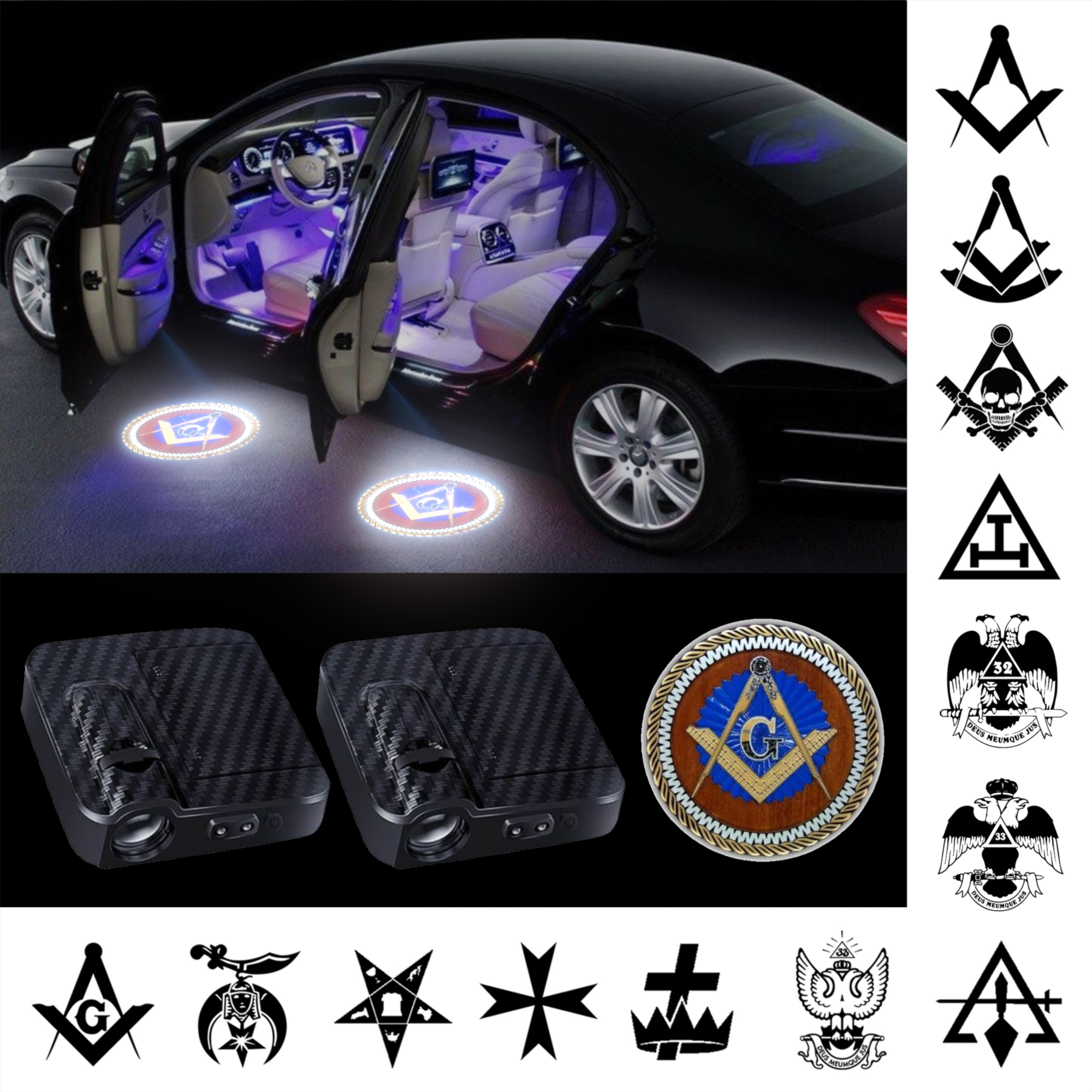 2 Pieces Masonic Wireless LED Car Door Welcome Light Projector