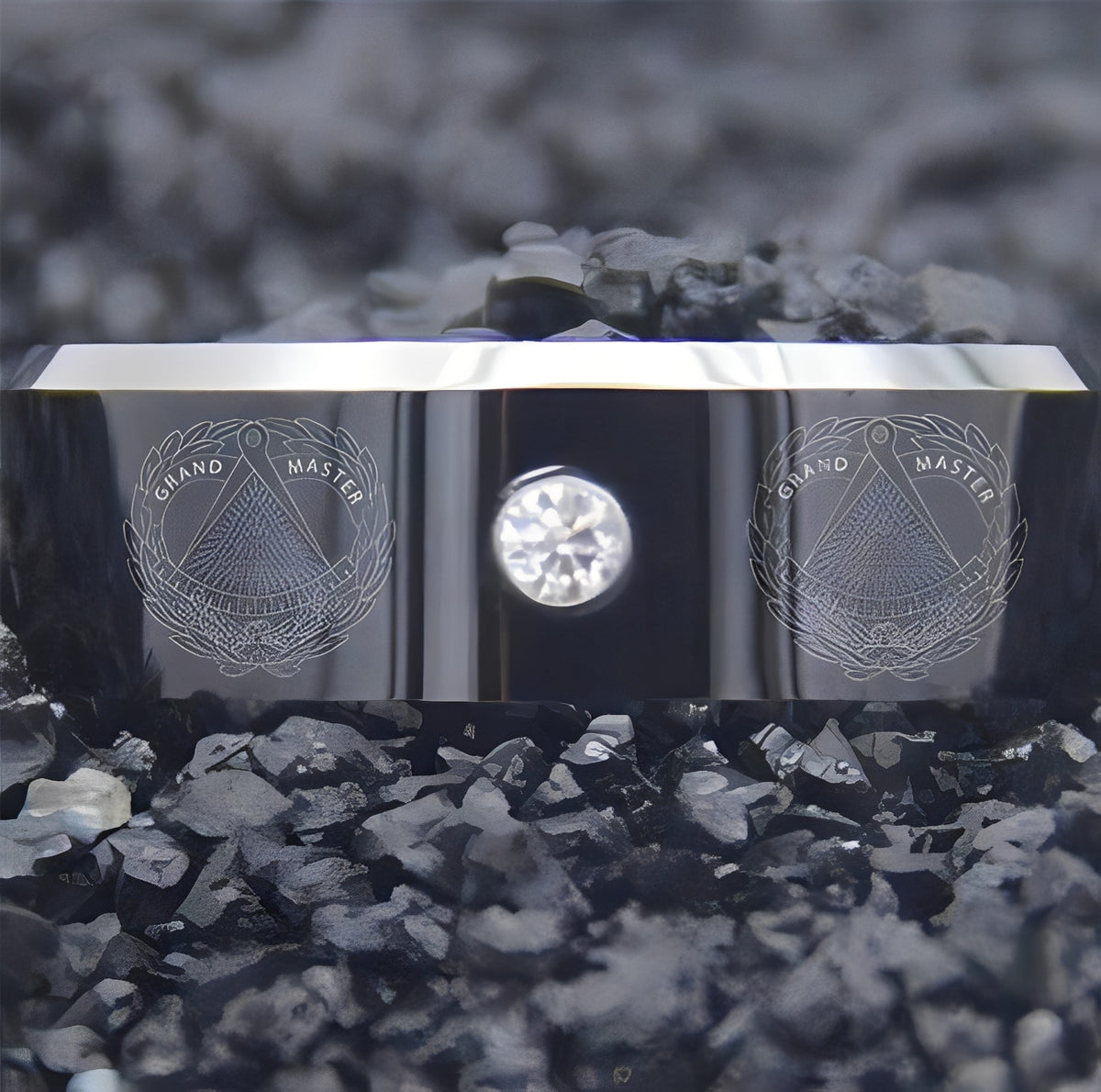 Grand Master Blue Lodge Ring - Black Silver Bevel With CZ Stone - Bricks Masons
