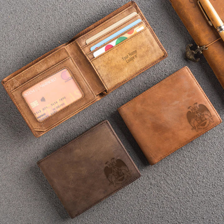 Handmade Leather 32nd Degree Scottish Rite Wallet - Wings Down Light & Dark Brown - Bricks Masons