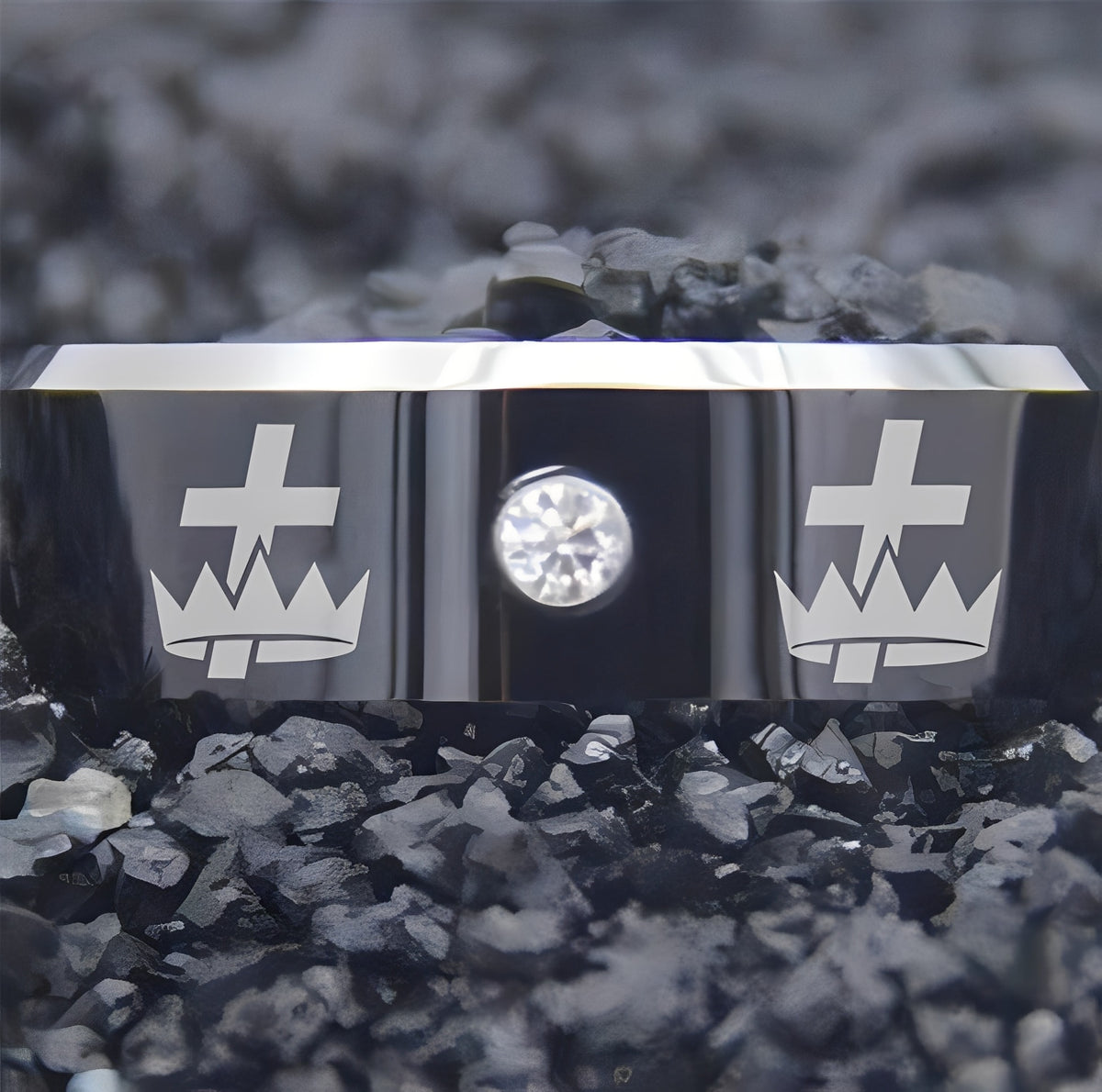 Knights Templar Commandery Ring - Black Silver Bevel With CZ Stone - Bricks Masons