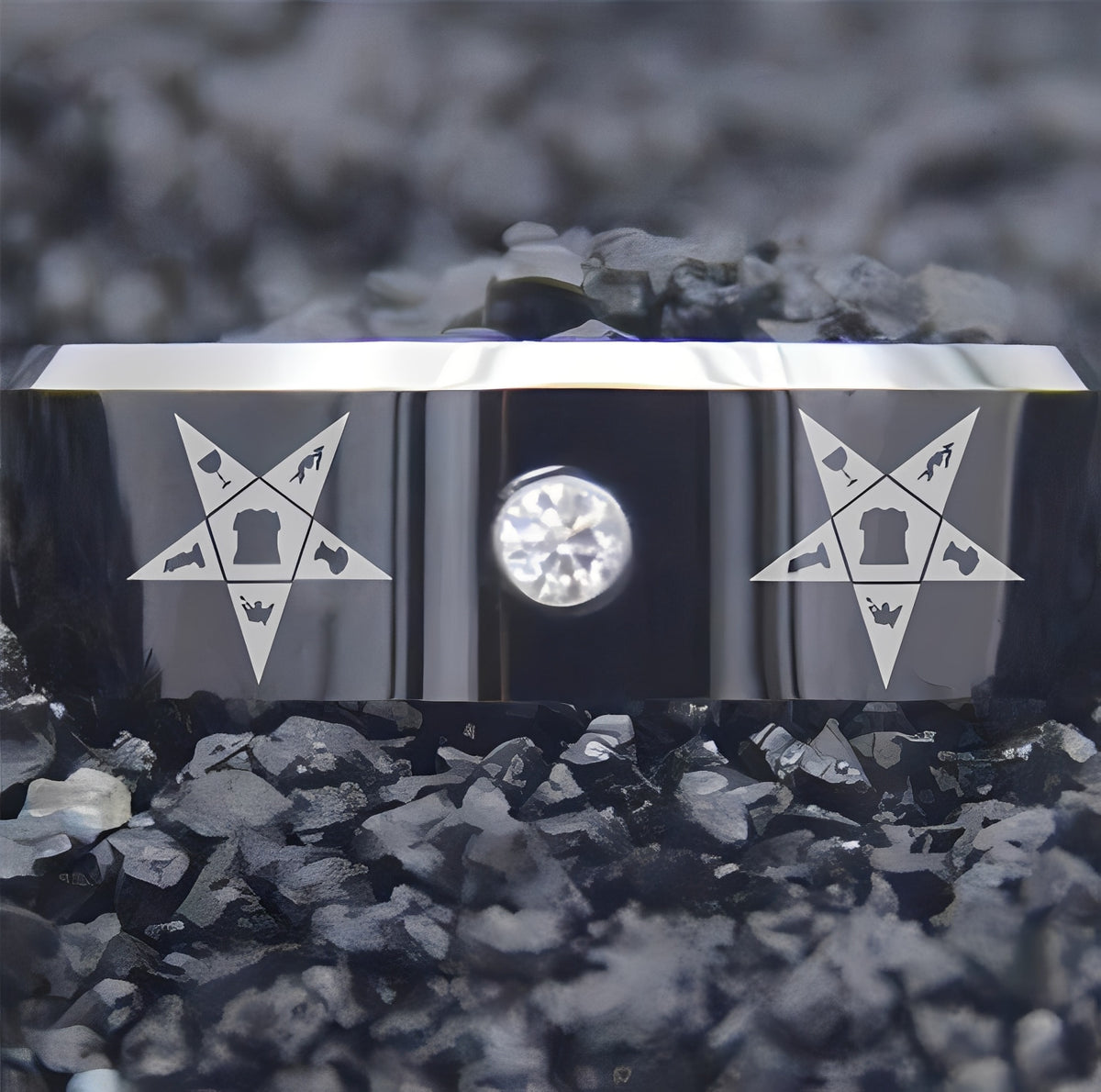 OES Ring - Black Silver Bevel With CZ Stone - Bricks Masons