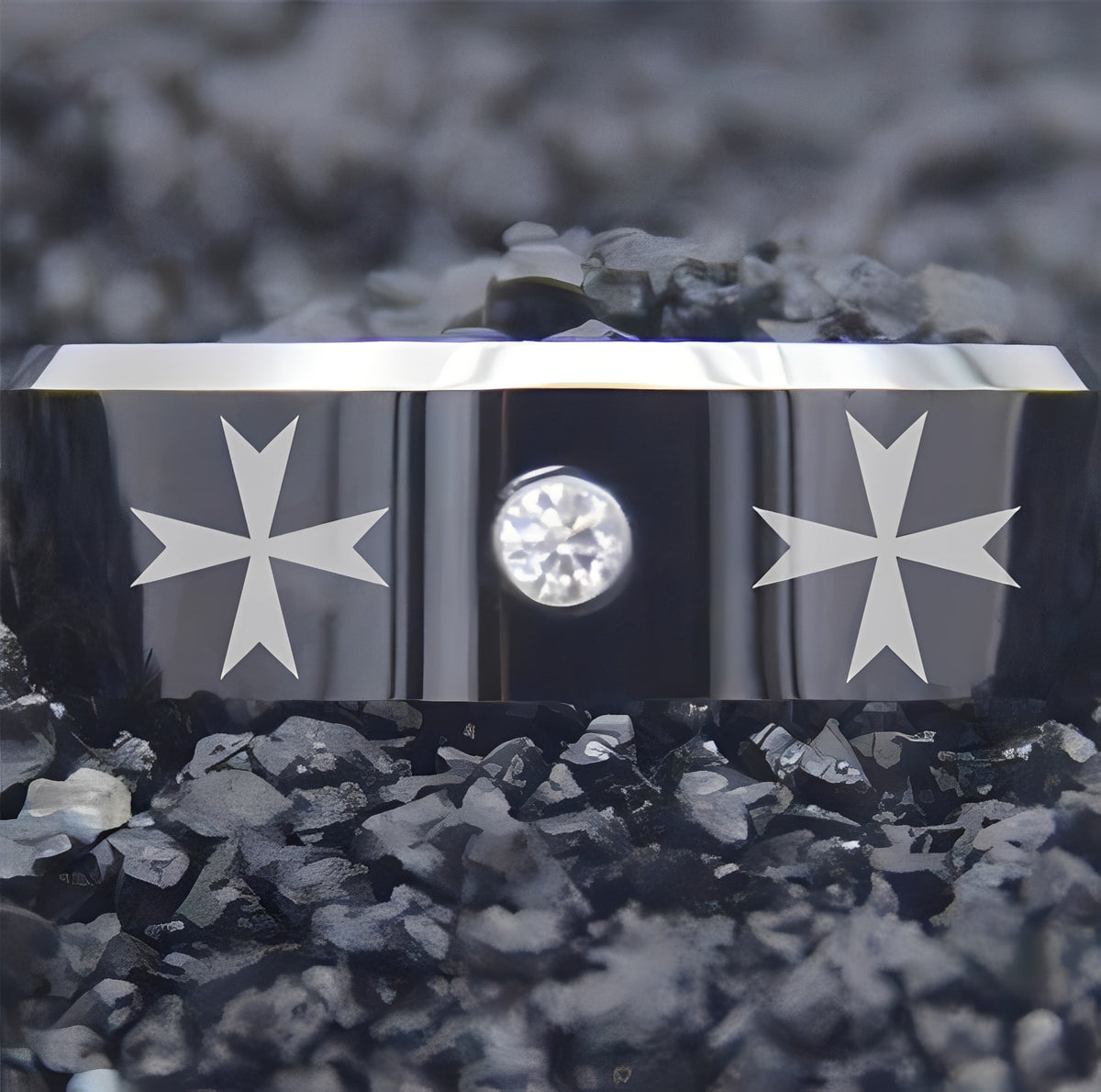Order of Malta Commandery Ring - Black Silver Bevel With CZ Stone - Bricks Masons