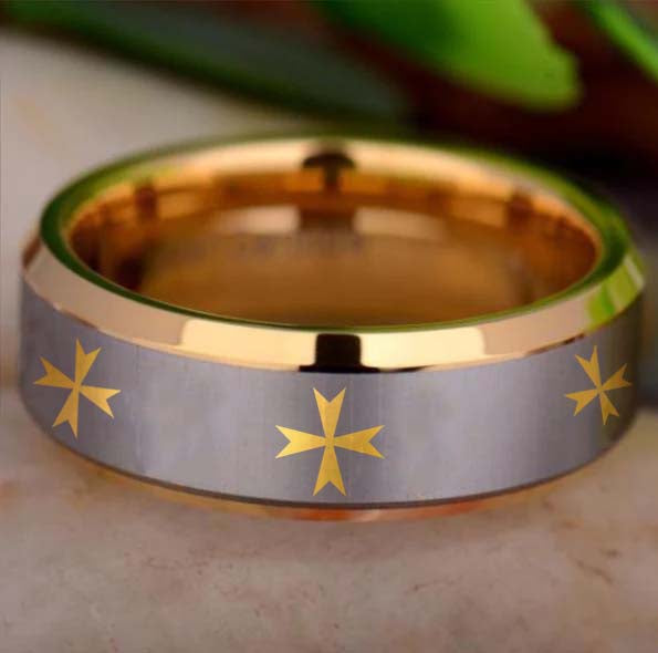 Order of Malta Commandery Ring - Gold Beveled Tungsten - Bricks Masons