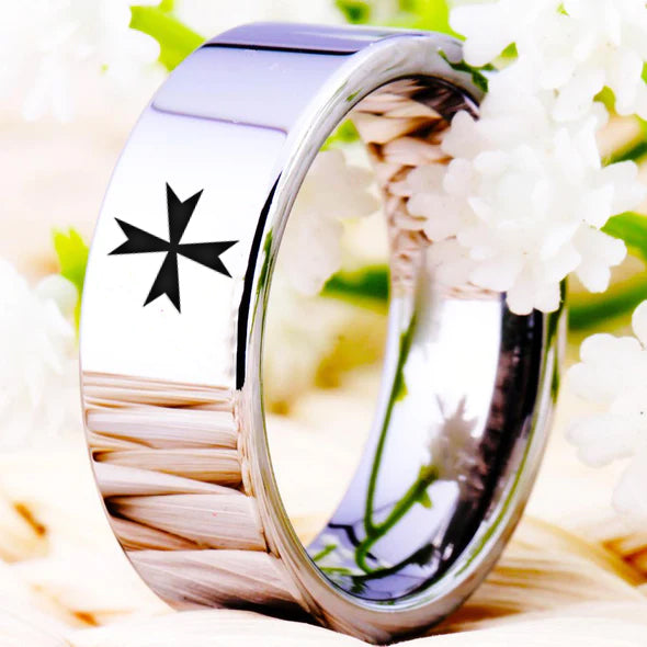 Order of Malta Commandery Ring - Silver Color Pipe Cut Tungsten - Bricks Masons
