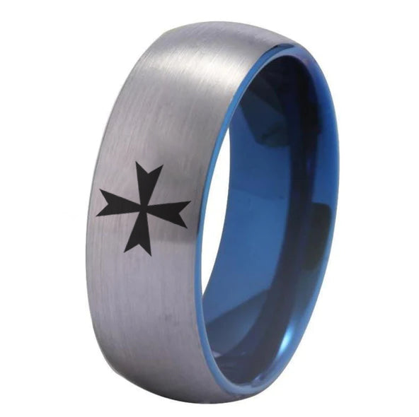 Order of Malta Commandery Ring - Silver With Blue Tungsten - Bricks Masons