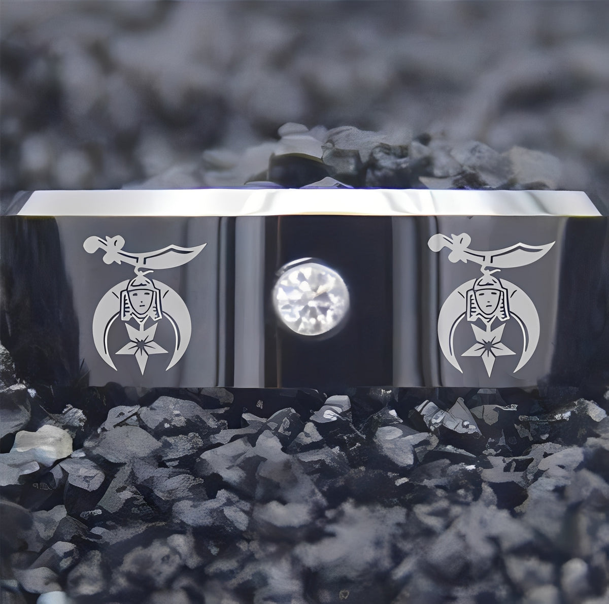 Shriners Ring - Black Silver Bevel With CZ Stone - Bricks Masons