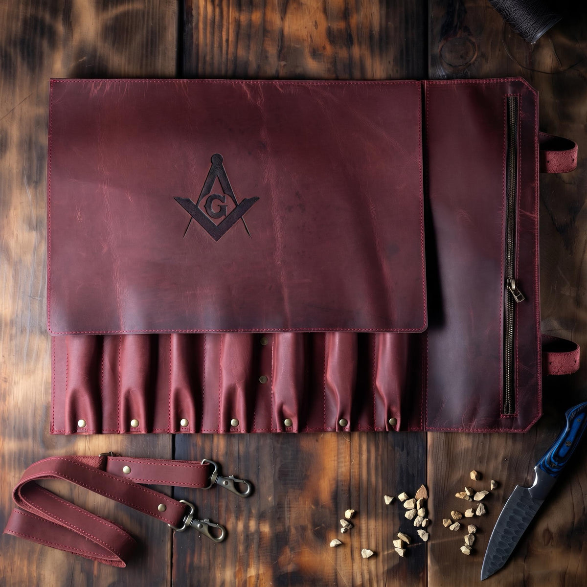 Master Mason Blue Lodge Knife Roll - Square & Compass G 7 Slot Custom Leather Roll - Bricks Masons