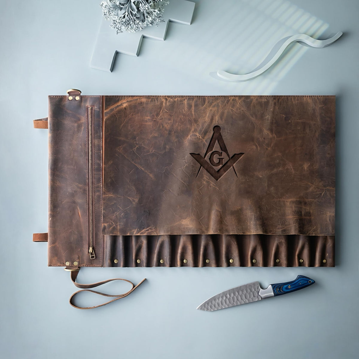 Master Mason Blue Lodge Knife Roll - Square & Compass G 10 Slot Custom Leather Roll - Bricks Masons