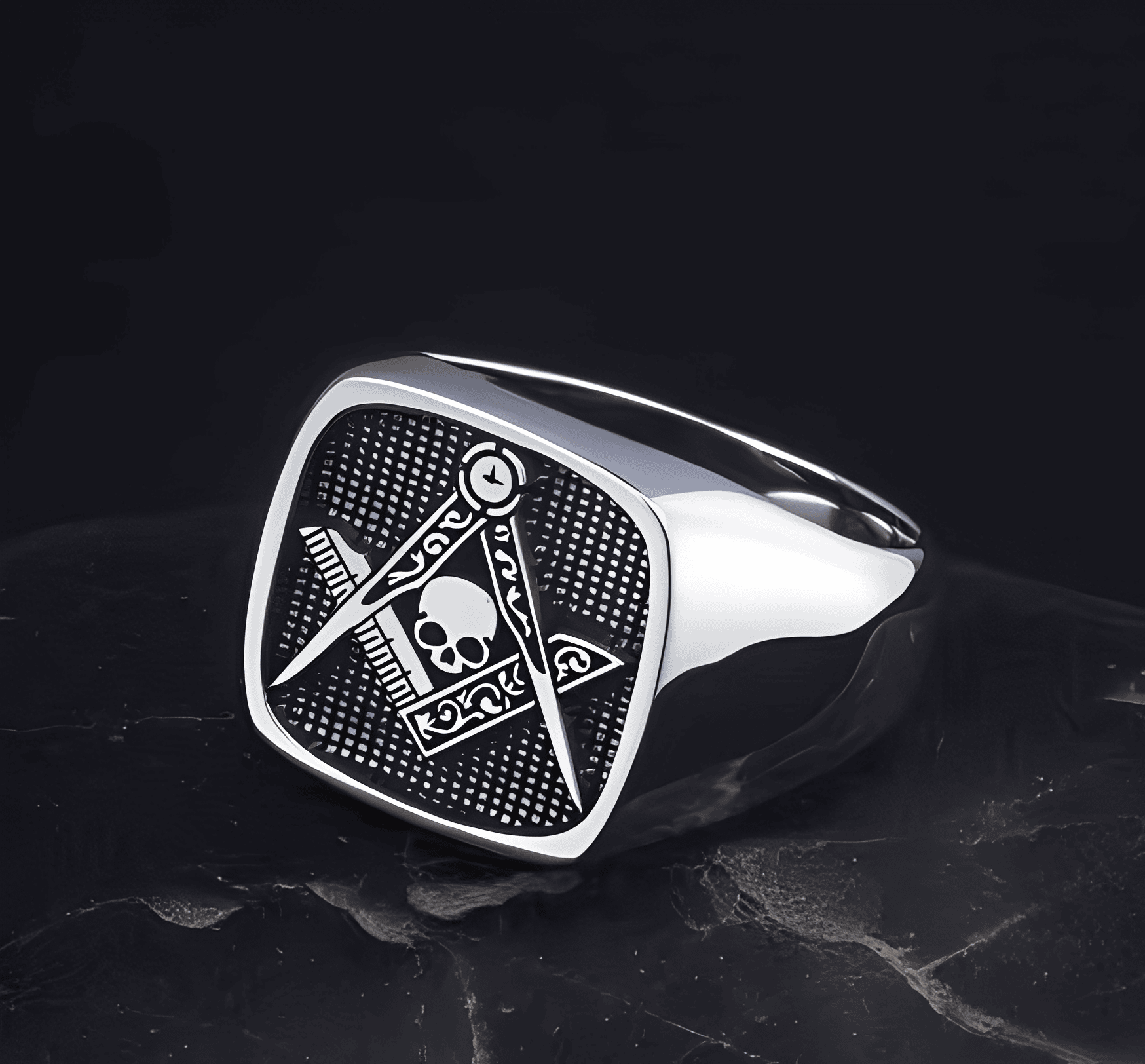 Master Mason Blue Lodge Ring - Signet Skull Square & Compass 925 Sterling Silver - Bricks Masons