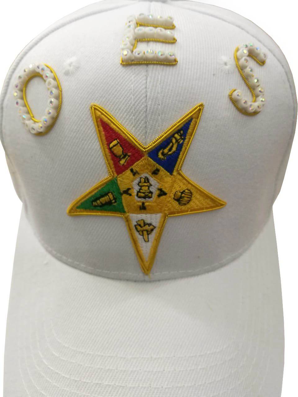 OES Baseball Cap - White with Jewels & Bullion Embroidery