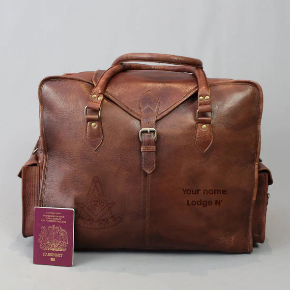 Past Master Blue Lodge California Regulation Travel Bag - Genuine Light Brown Leather - Bricks Masons