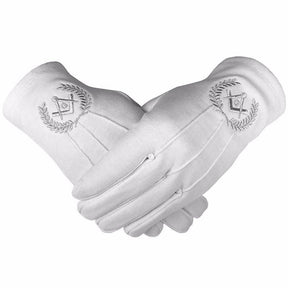 Master Mason Blue Lodge Gloves - White Cotton with Silver Square & Compass G