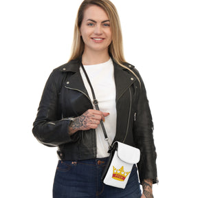 PYCH Cell Phone Wallet - White Microfiber Leather With Crown - Bricks Masons