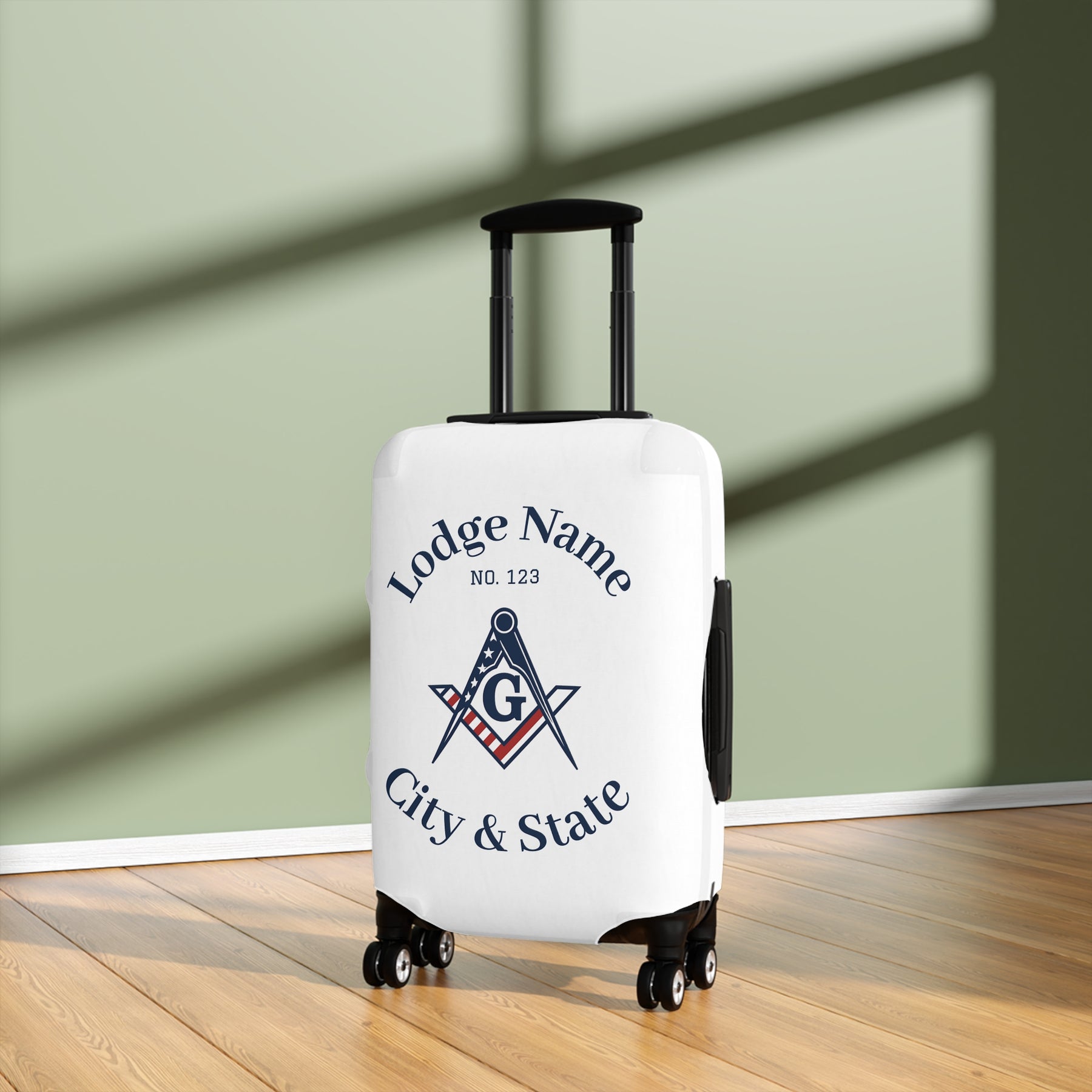 Master Mason Blue Lodge Luggage Cover - S&C G American Flag Print with Customization