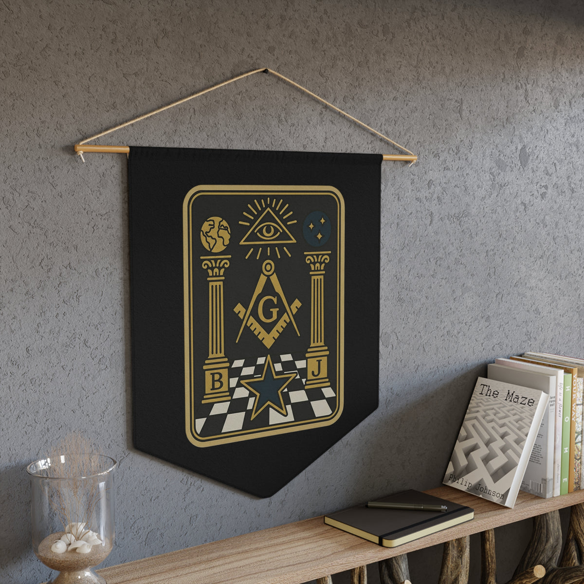 Master Mason Blue Lodge Pennant - Eye and Star S&C with Pillars on Checkered Floor - Bricks Masons