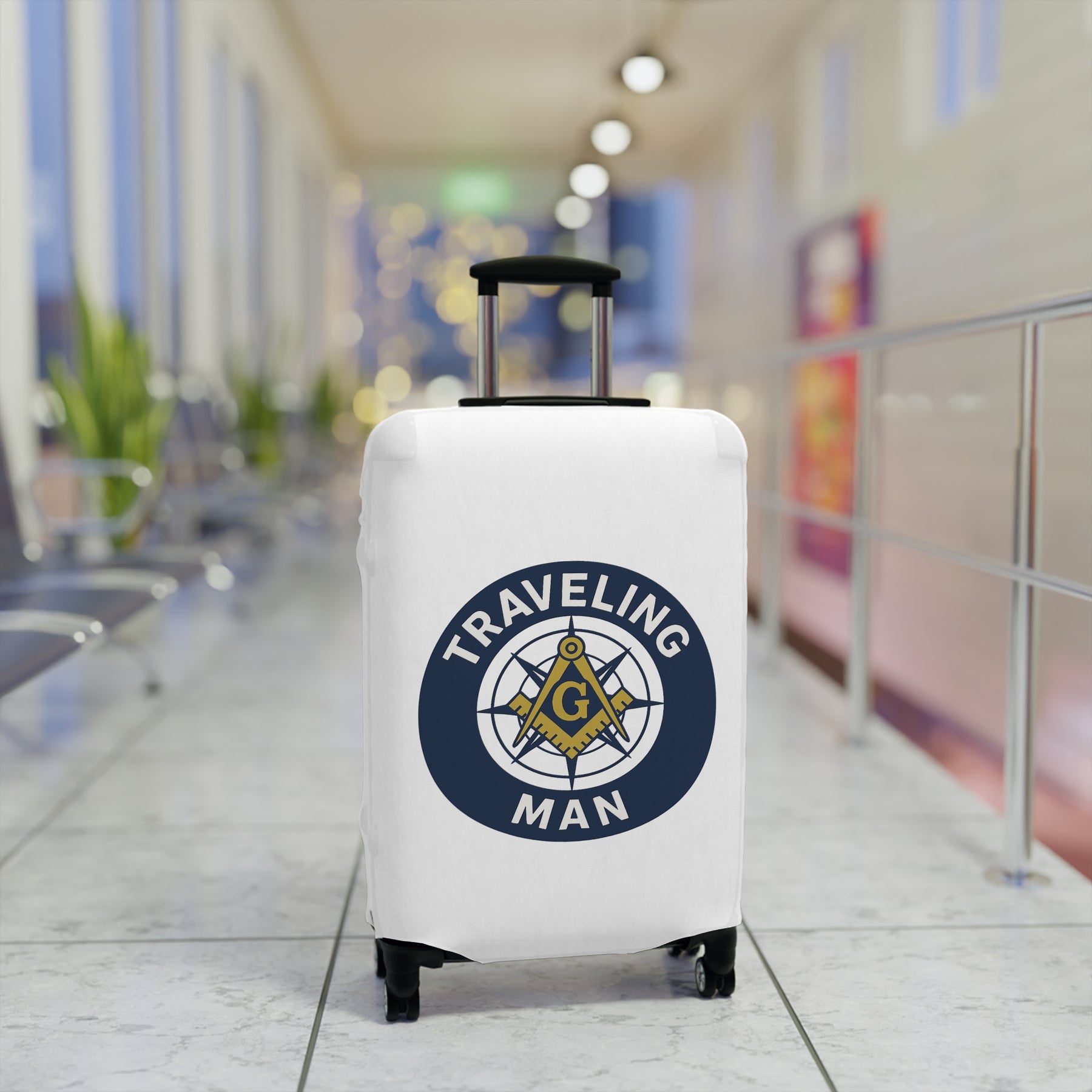 Master Mason Blue Lodge Luggage Cover - Traveling Man Square & Compasses G