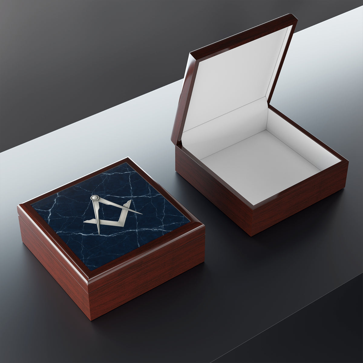Master Mason Blue Lodge Jewelry Box - Silver S&C Emblem On Blue Marble