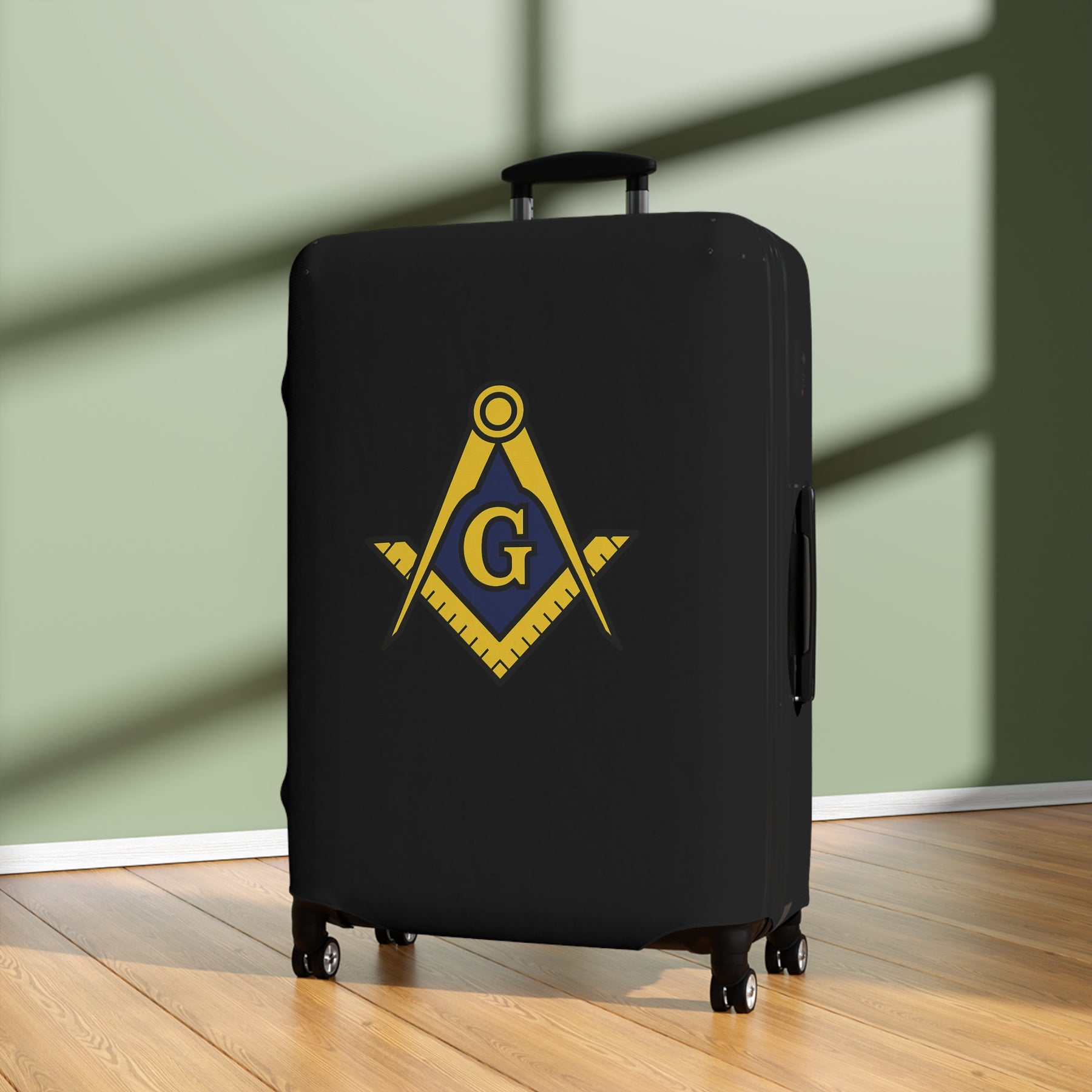 Master Mason Blue Lodge Luggage Cover - Blue & Yellow Square & Compasses G Emblem