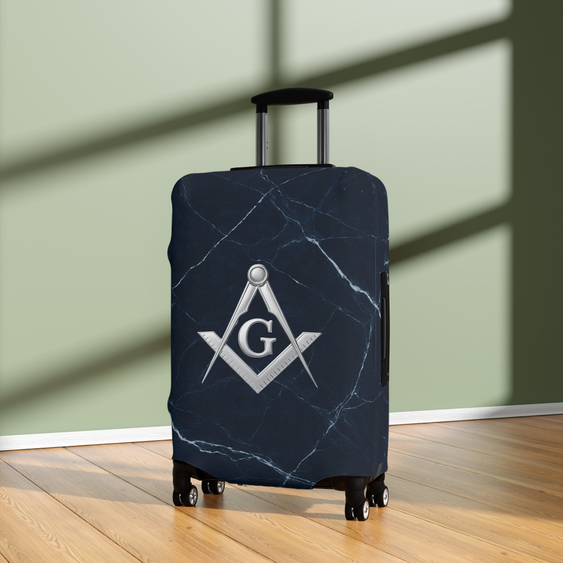 Master Mason Blue Lodge Luggage Cover - Silver Square & Compasses with G Emblem
