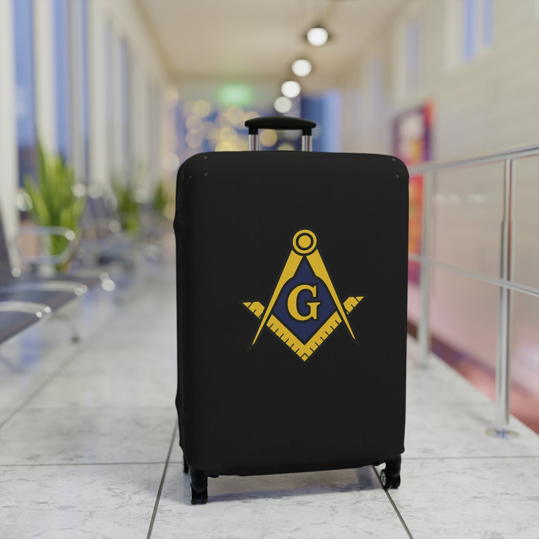 Master Mason Blue Lodge Luggage Cover - Blue & Yellow Square & Compasses G Emblem