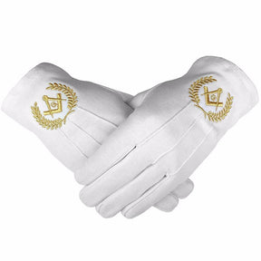 Master Mason Blue Lodge Gloves - White Cotton with Gold Square & Compass G