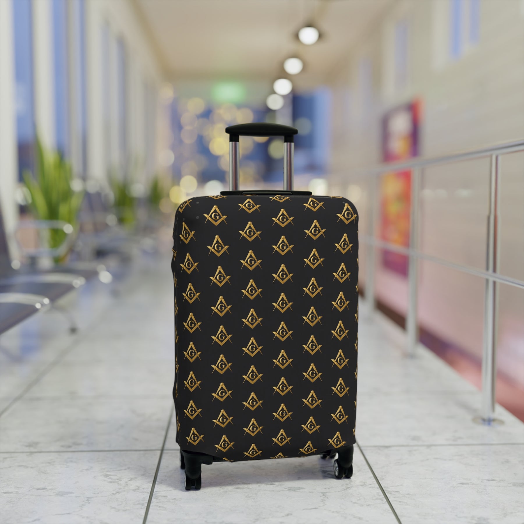 Master Mason Blue Lodge Luggage Cover - Gold Square & Compasses G Emblem Print