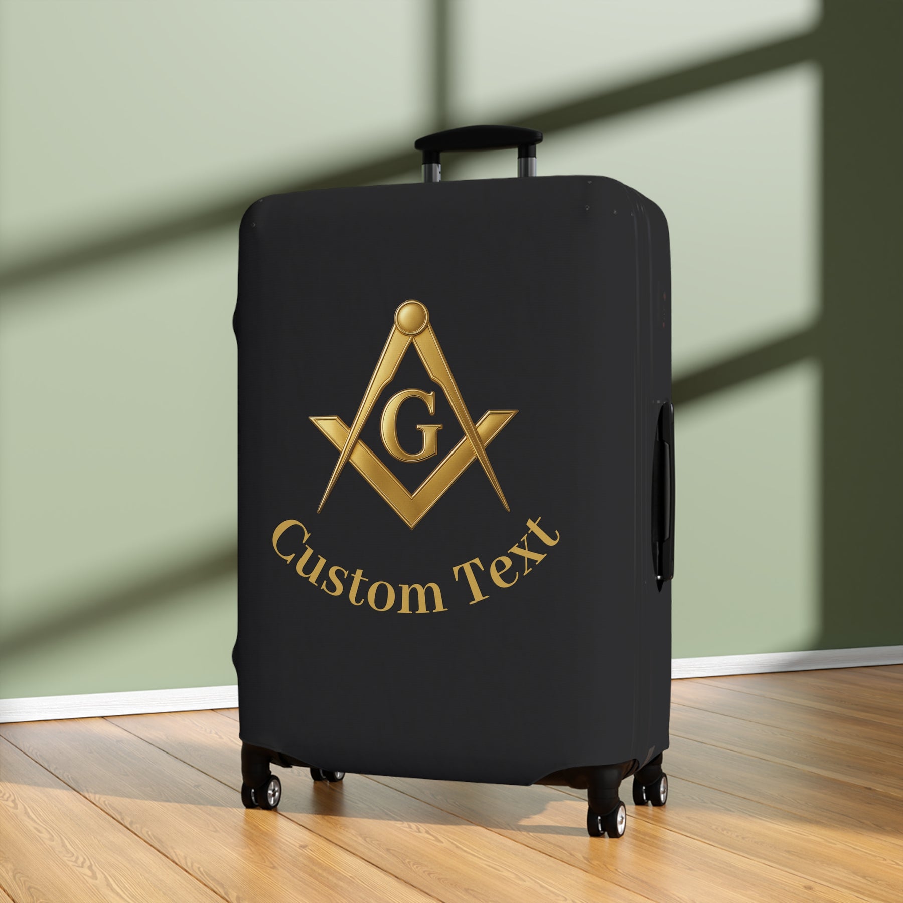 Master Mason Blue Lodge Luggage Cover - Gold Square & Compass G with Custom Text