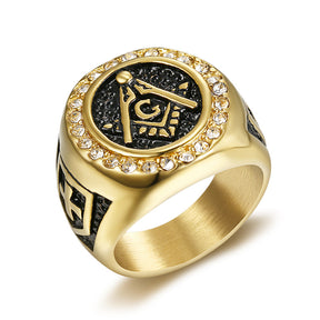 Master Mason Blue Lodge Ring - Black and Gold Zirconia Square & Compass G - Bricks Masons