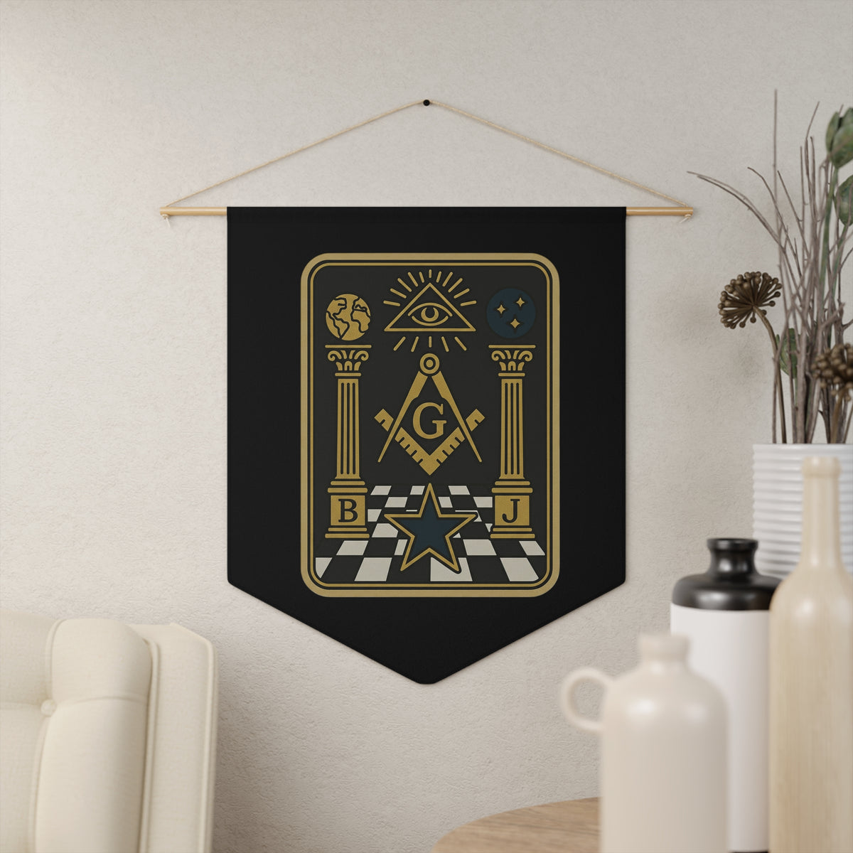 Master Mason Blue Lodge Pennant - Eye and Star S&C with Pillars on Checkered Floor - Bricks Masons