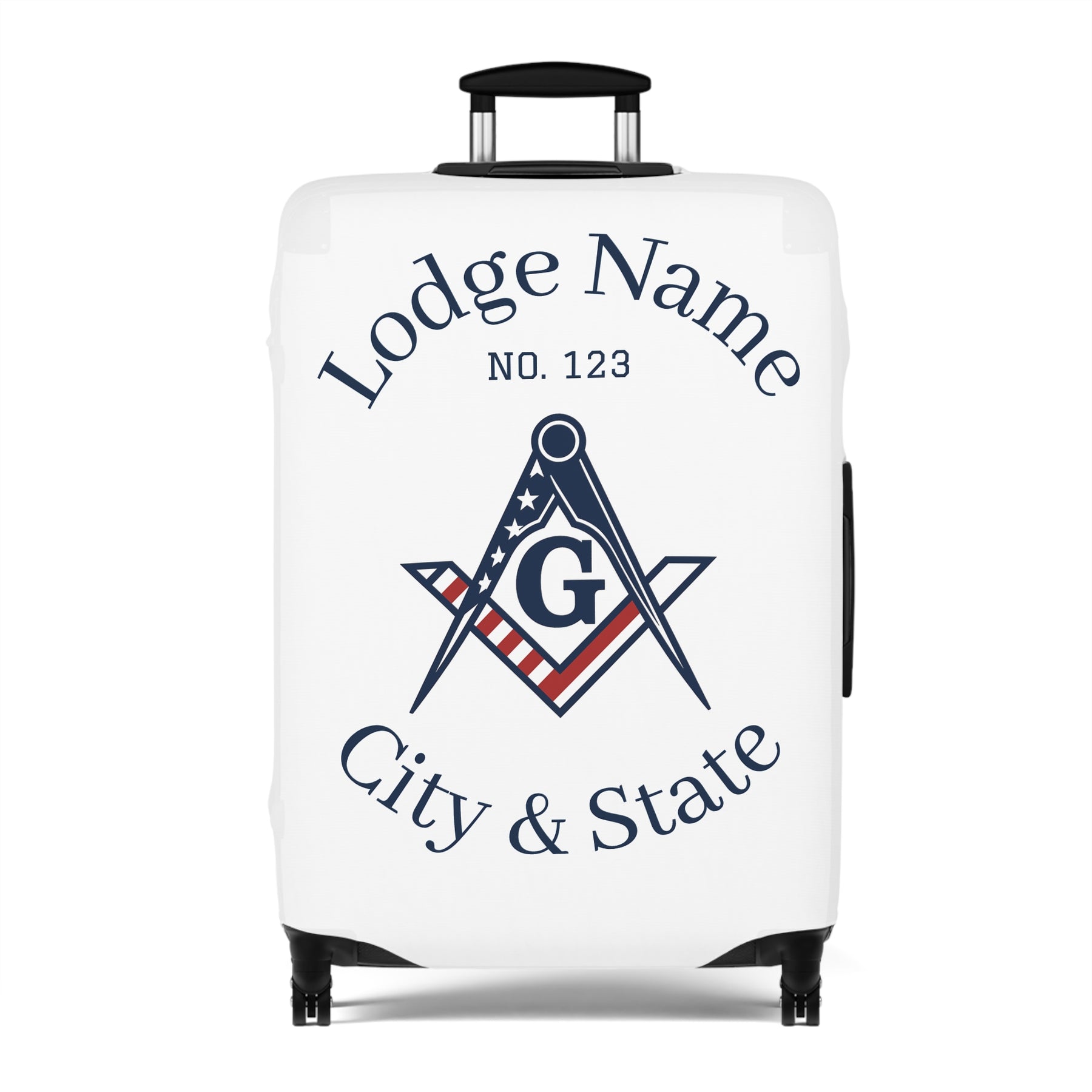 Master Mason Blue Lodge Luggage Cover - S&C G American Flag Print with Customization