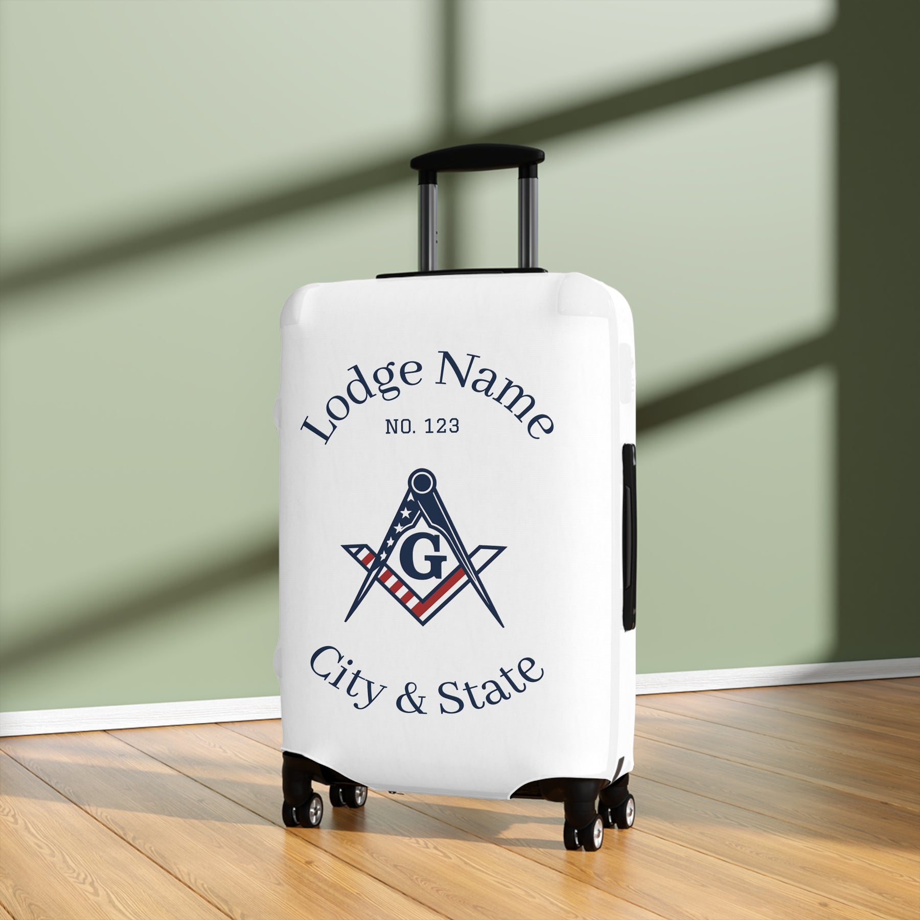 Master Mason Blue Lodge Luggage Cover - S&C G American Flag Print with Customization