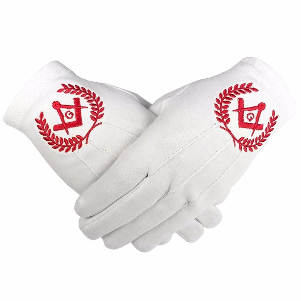 Master Mason Blue Lodge Gloves - White Cotton Machine Embroidery