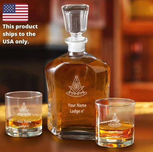 Past Master Blue Lodge California Regulation Decanter - 2 Whiskey Tumbler Glasses Set - Bricks Masons
