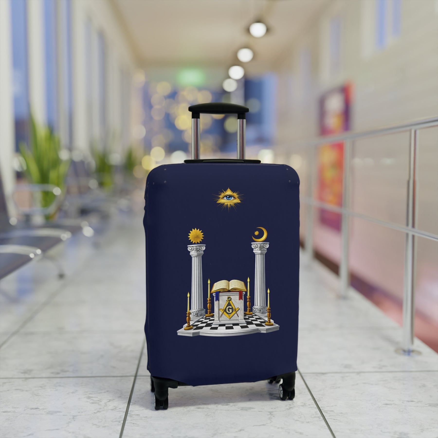 Master Mason Blue Lodge Luggage Cover - S&C G Altar Pillars & Eye On Checkered Floor
