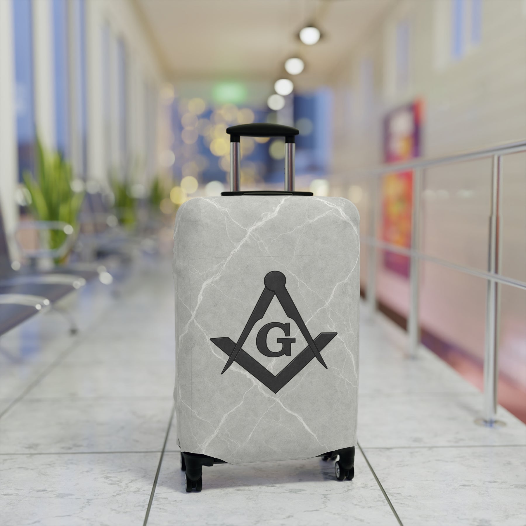 Master Mason Blue Lodge Luggage Cover - Black Square & Compasses with G Emblem