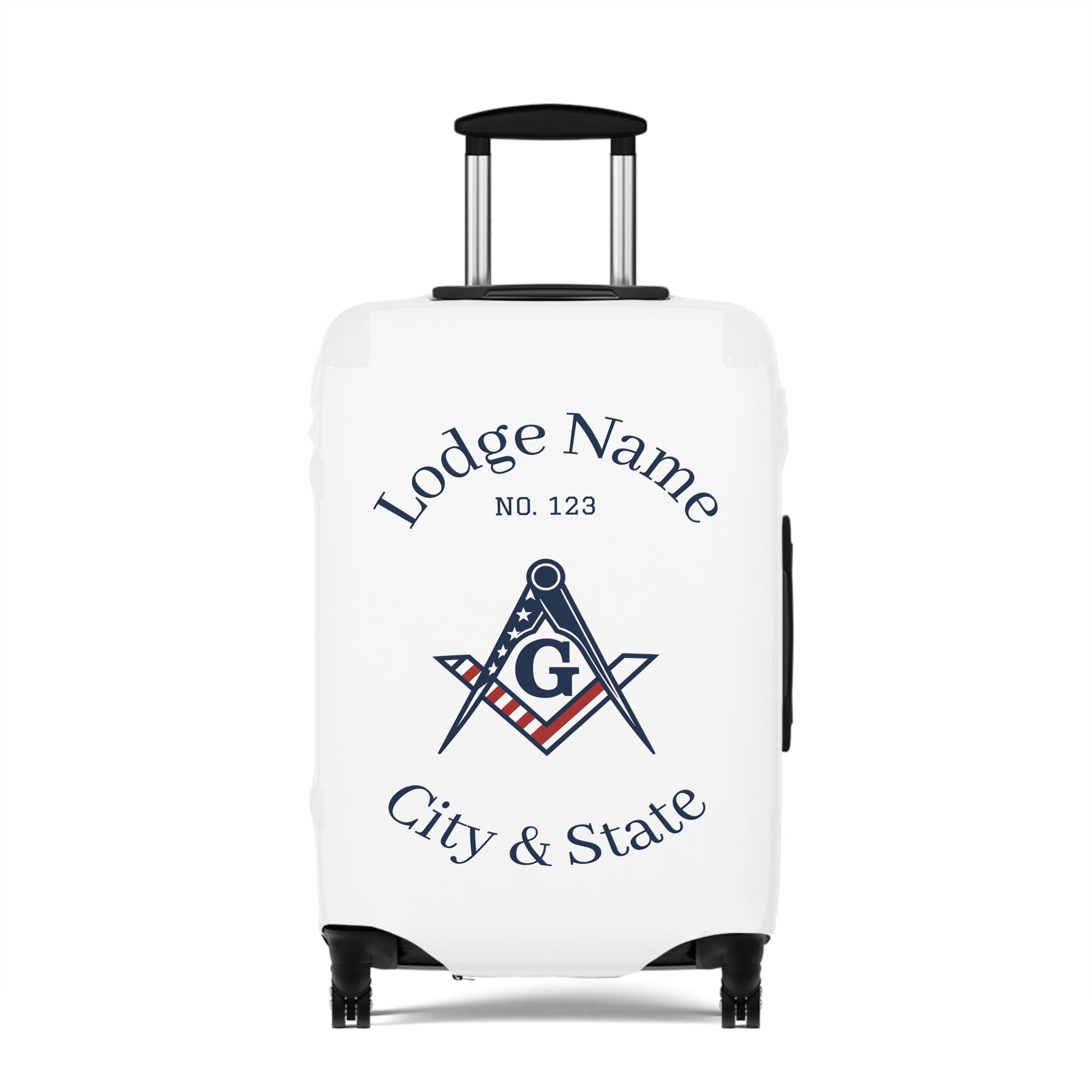 Master Mason Blue Lodge Luggage Cover - S&C G American Flag Print with Customization