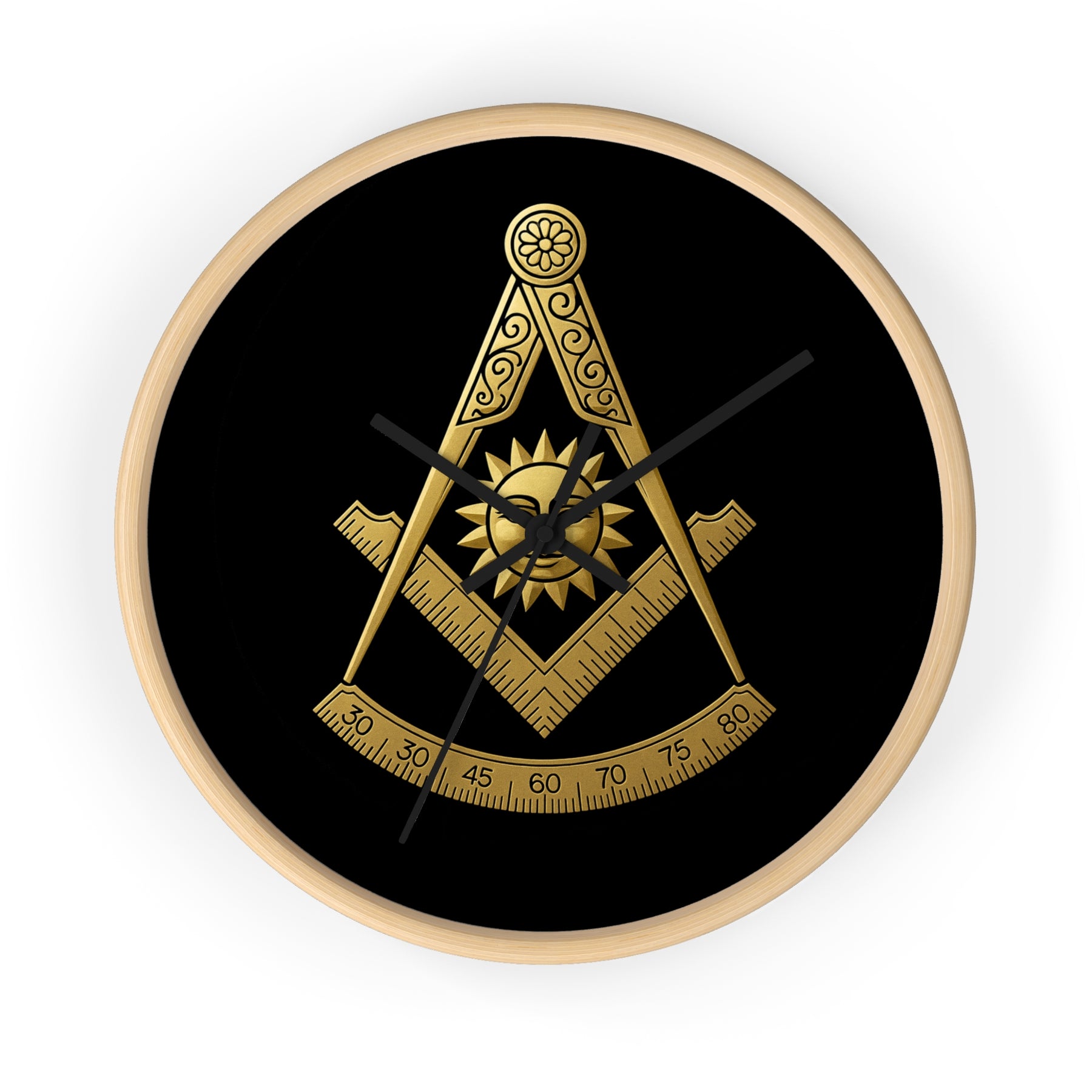 Past Master Blue Lodge Clock - Square Compass Sun & Quadrant Emblem on Wood Frame - Bricks Masons
