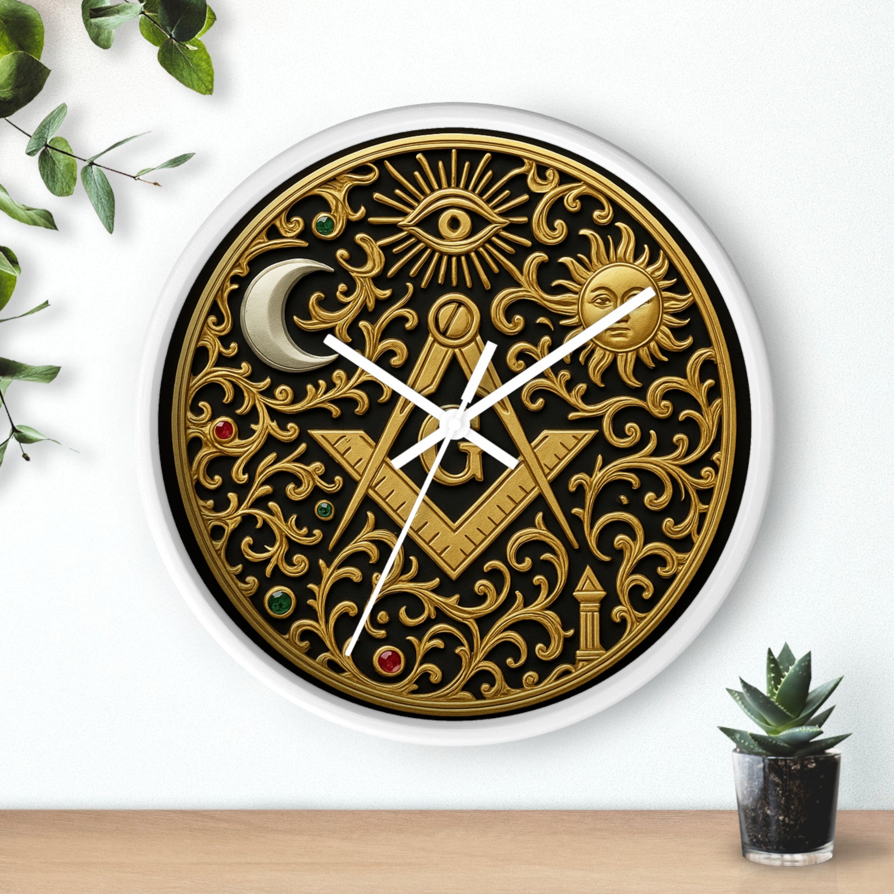 Master Mason Blue Lodge Clock - S&C G with Sun Moon & Eye with Golden Ornates - Bricks Masons