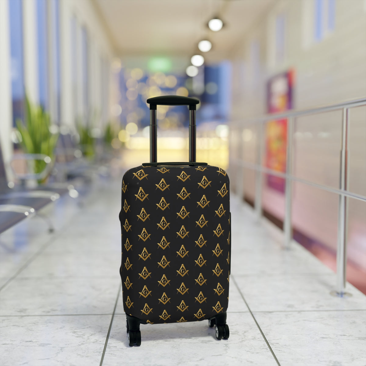 Master Mason Blue Lodge Luggage Cover - Gold Square & Compasses G Emblem Print