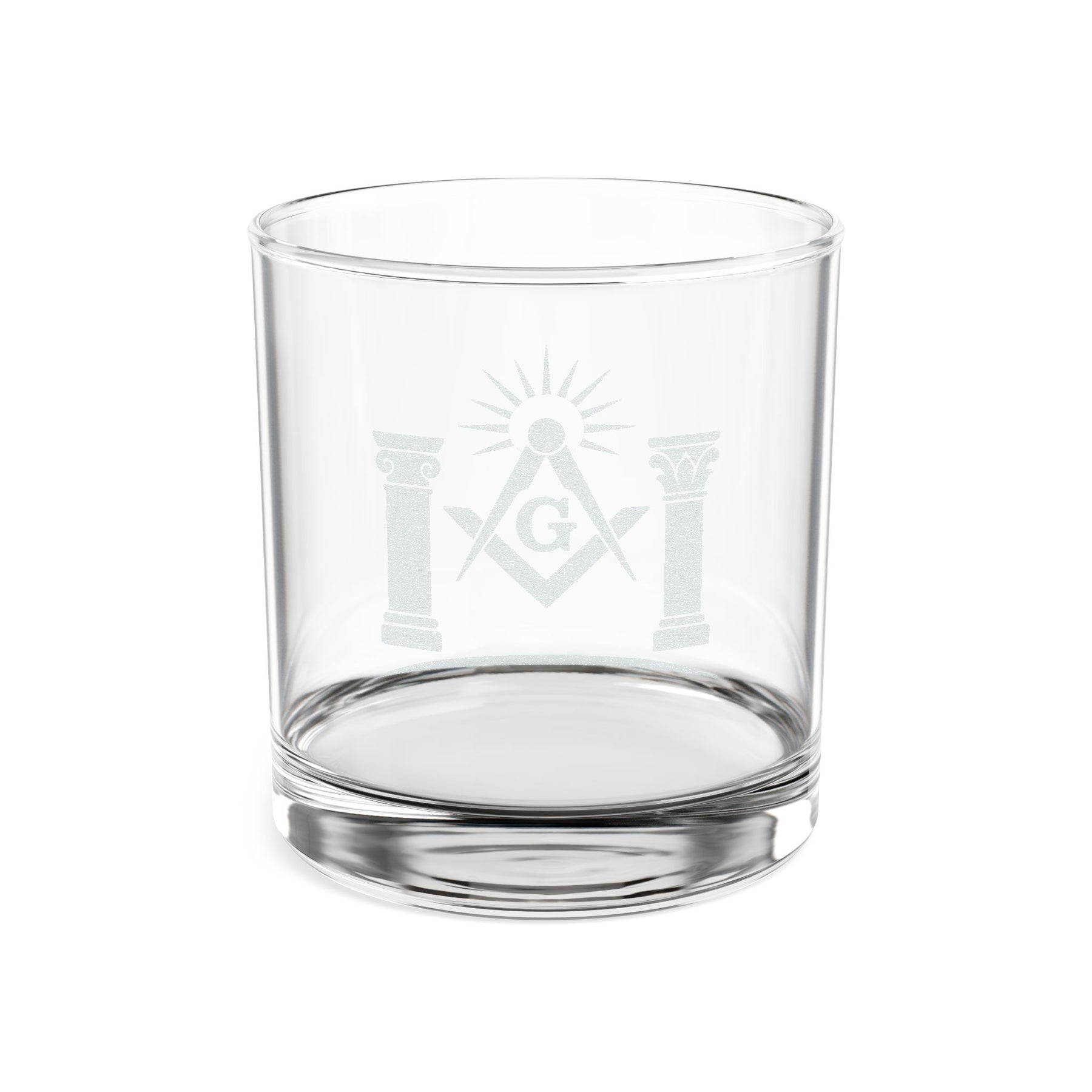 Whiskyglas der Master Mason Blue Lodge – Winkelmaß &amp; Zirkel G mit zwei Säulen und Licht