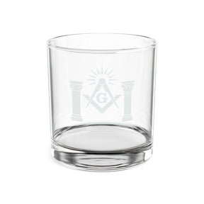 Whiskyglas der Master Mason Blue Lodge – Winkelmaß &amp; Zirkel G mit zwei Säulen und Licht